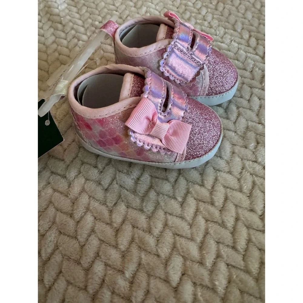 Laura Ashley Girls Infant Pink Multi Glitter Bow Crib Shoes Size 2 A91063H NEW
